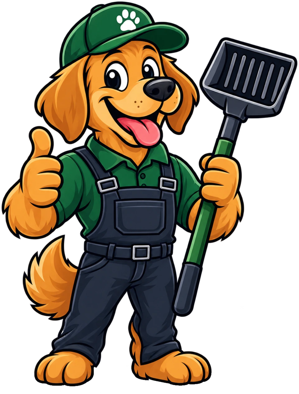 The Geff's Pooper Scooper mascot, a cartoon golden retriever in a green cap and overalls, holding a scoop and giving a thumbs up